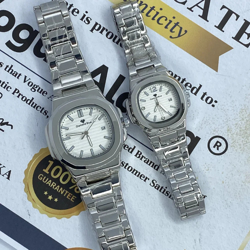 Diamond Blue Luxury Analog Quartz Stainless Steel Matching Couple Watches