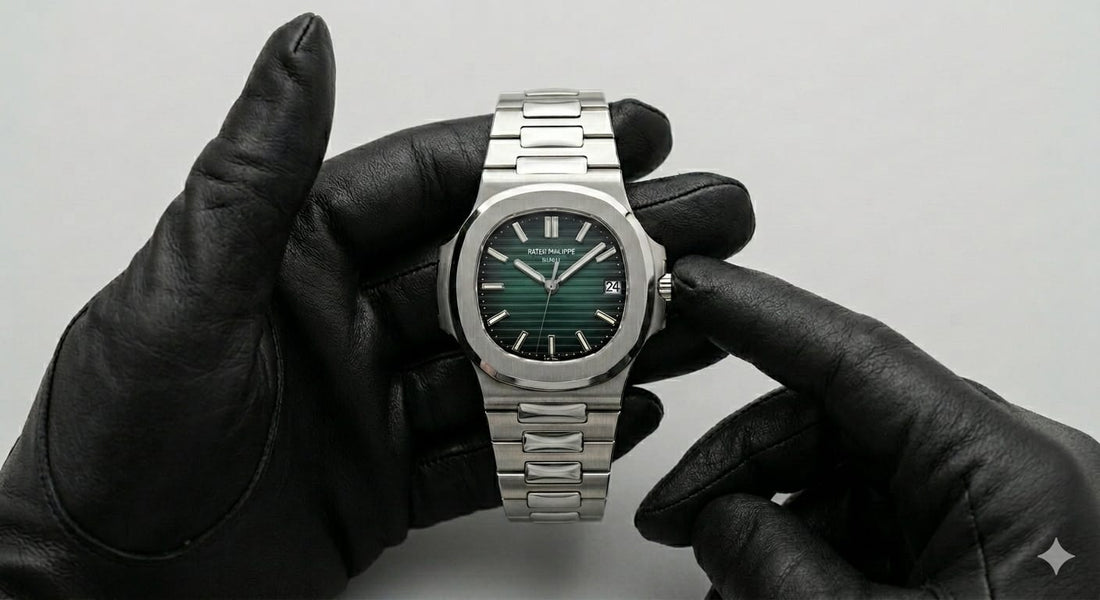 Executive Emerald Green Dial Silver Watch with Matching Black Beaded Bracelet Set