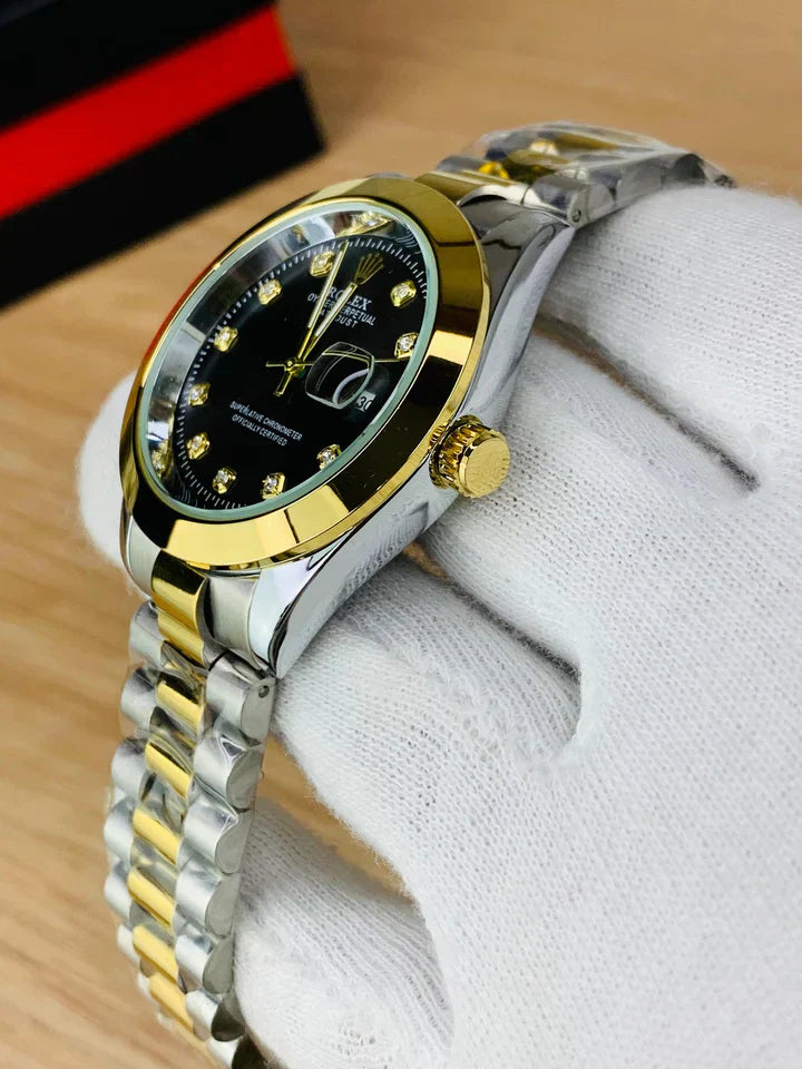 Luxury Pure Golden Silver Black Dial Stainless Steel Watch – Premium Design